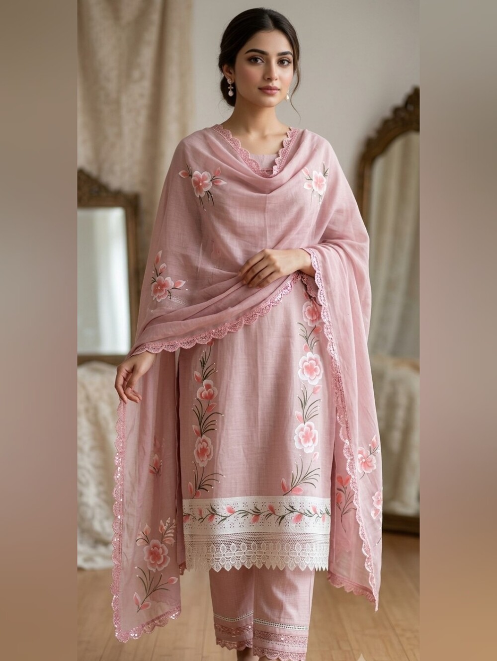 Elegant Pink Floral Women's Salwar Kameez Dupatta with Scalloped Lace Trim